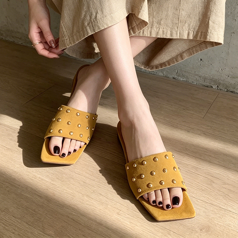 Women Shoes Size 7 - Damen-Slipper mit eckiger Zehenpartie, flache Sandalen,