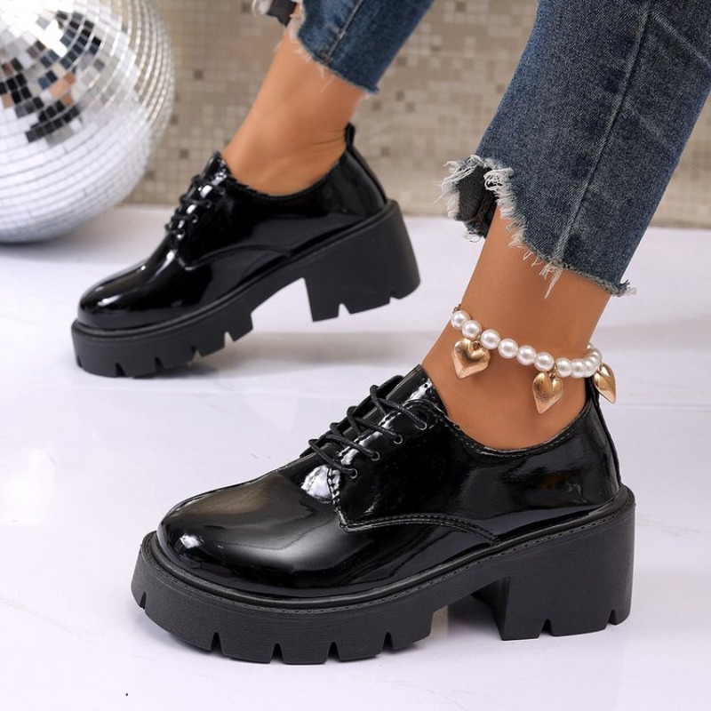 Oxford Lace Up Women - 2026 Neue Damen Frühling Schwarze Plateau-Flachschuhe